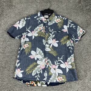 7 Diamonds Shirt Mens M Blue Floral Reverse Print Hawaiian Button Up Casual